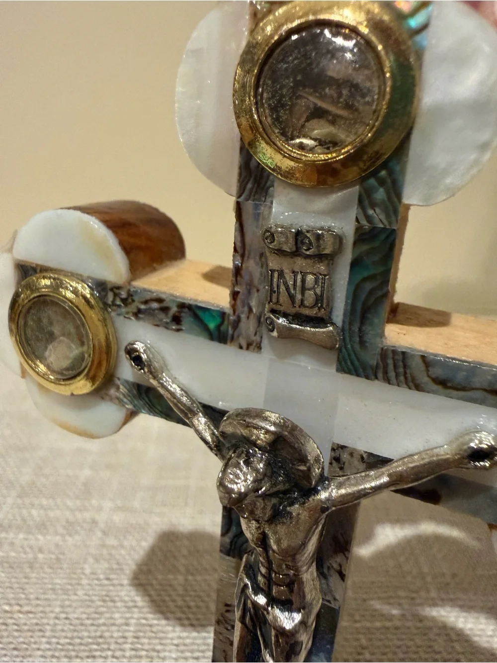 Vintage Jerusalem Olive Wood Mother of Pearl Abalone Crucifix Relic Wall Cross